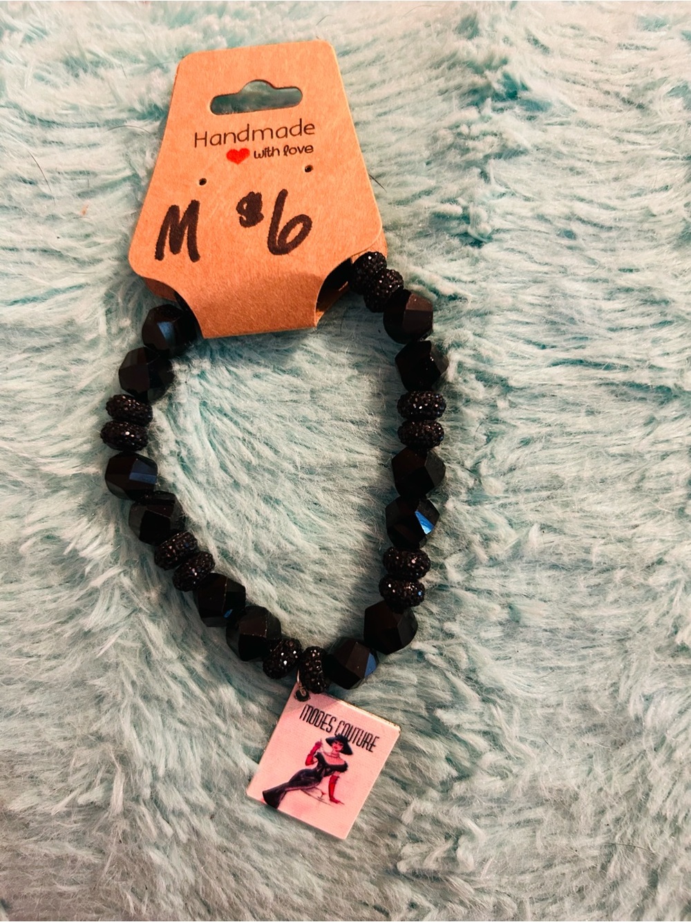 Handmade Women’s Black Beaded Bracelet with Charm